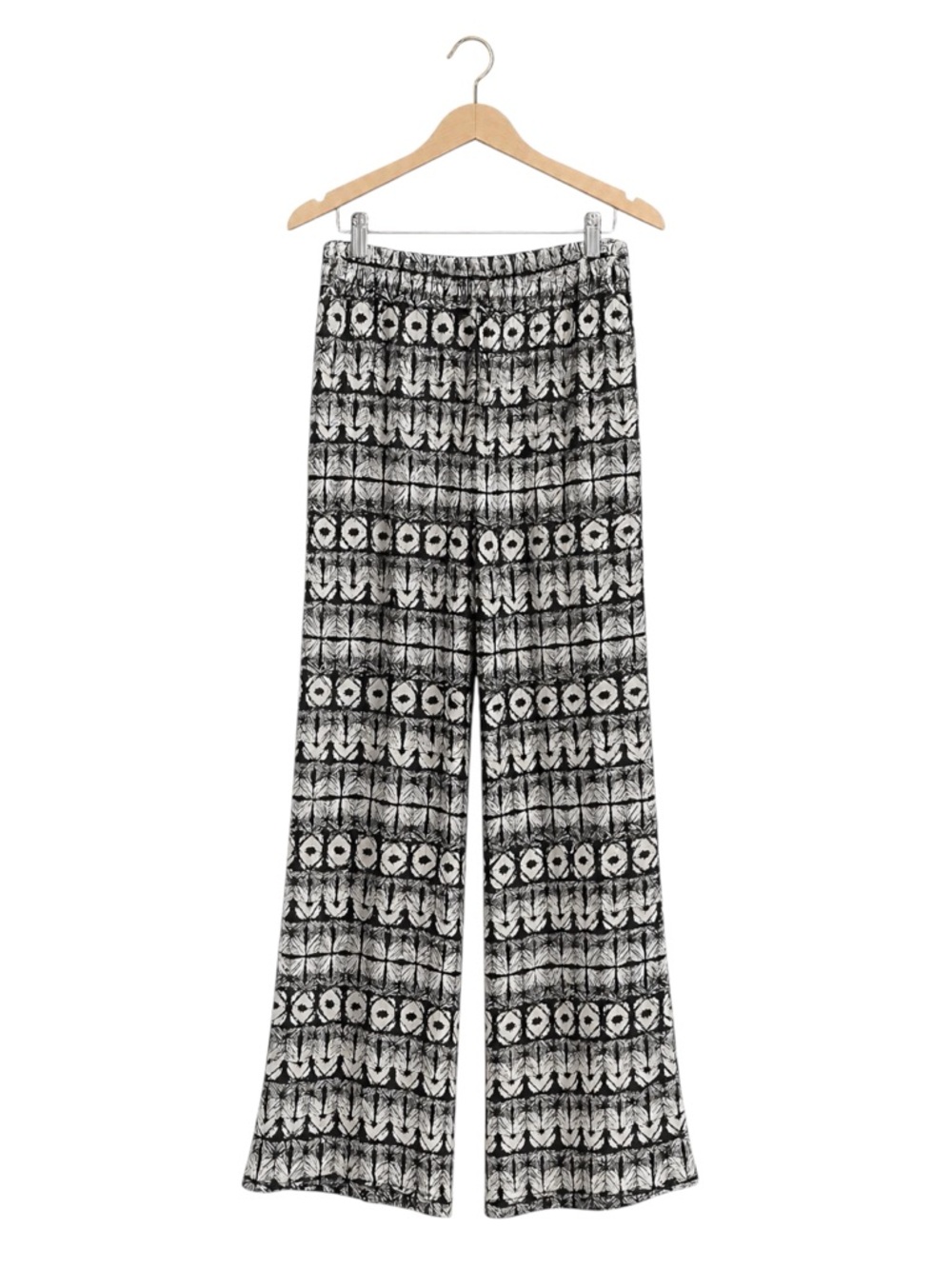 Womens Wide Leg Bohemian Pants Size Medium Black White Elastic Waist Pull On